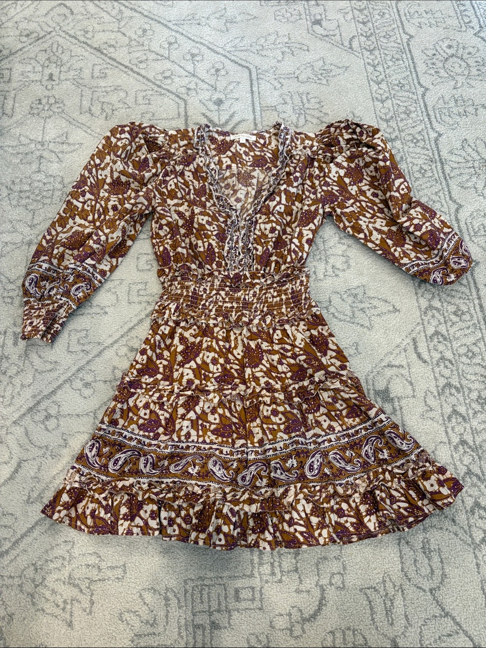 Anthropologie Love the Label Mabel Khaki Puff- Sleeve Mini Dress, Sz S